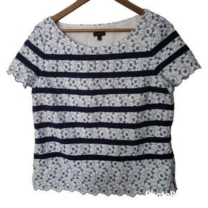 Talbots 14 Blue White Eyelet Embroidered Lined Ribbon Trim Top Side zip blouse